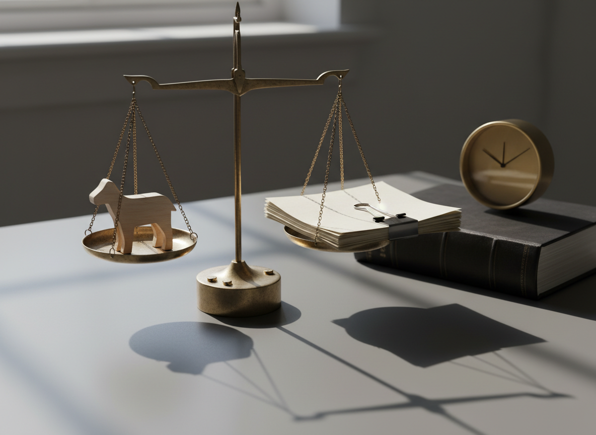 A symbolic still-life composition representing animal protection law: a pair of balanced metallic scales holding on one side a small, simple wooden silhouette of an animal and on the other side a stack of blank legal pages clipped together. The scales rest on a smooth, charcoal-gray desk surface next to a closed, unmarked law book and a minimalist brass desk clock. Soft morning light enters from the left, casting elongated, gentle shadows and subtle highlights on the metal surfaces. Photographic realism with a centered, symmetrical composition and shallow depth of field creates a calm, contemplative atmosphere, conveying the careful balance between justice, accountability, and the need to shield the viewer from distressing imagery.