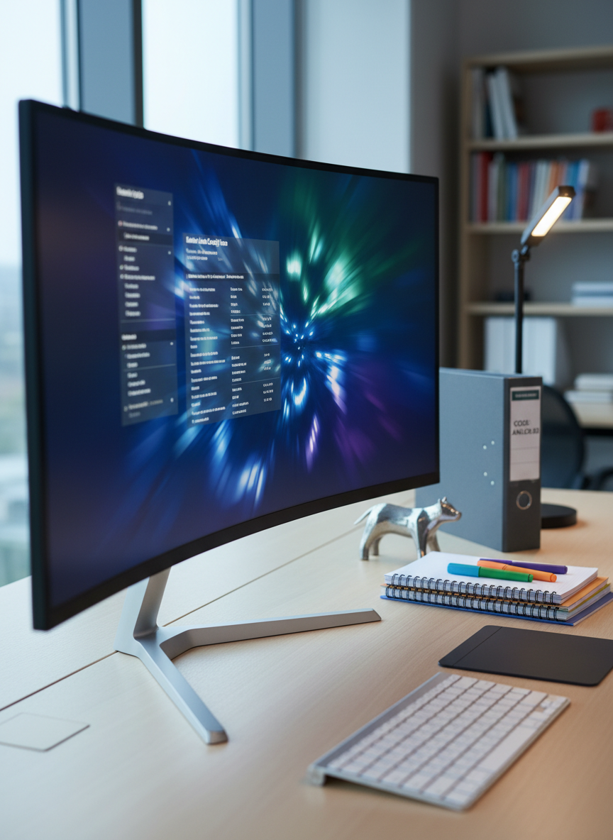 A modern legal research workspace focused on a large, ultra-wide monitor displaying an abstract, blurred legal database interface about animal cruelty laws, with all text unreadable. Below the screen, a slim wireless keyboard and a stack of blank notepads with color-coded highlighters form tidy rows. A small, stylized metal animal figurine, smooth and featureless, stands beside a closed binder labeled only with a neutral code. Cool, diffused light from a nearby window and a subtle desk lamp create a clean, professional ambiance. Photographic realism from a three-quarter angle, with crisp focus on the tools and soft bokeh in the background, emphasizes meticulous research and analysis of animal sexual abuse and torture statutes without depicting any graphic content.
