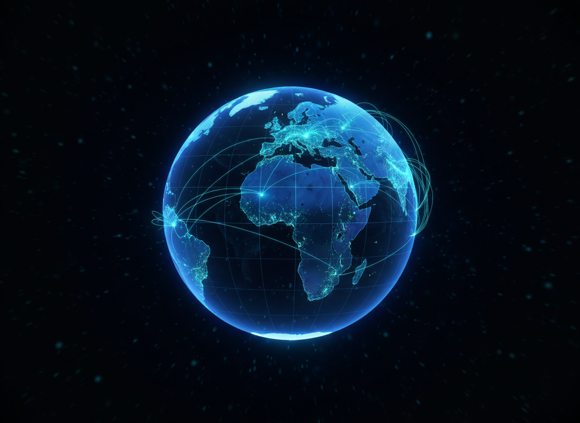 Global online network connectivity — a glowing world globe with digital network lines connecting across continents